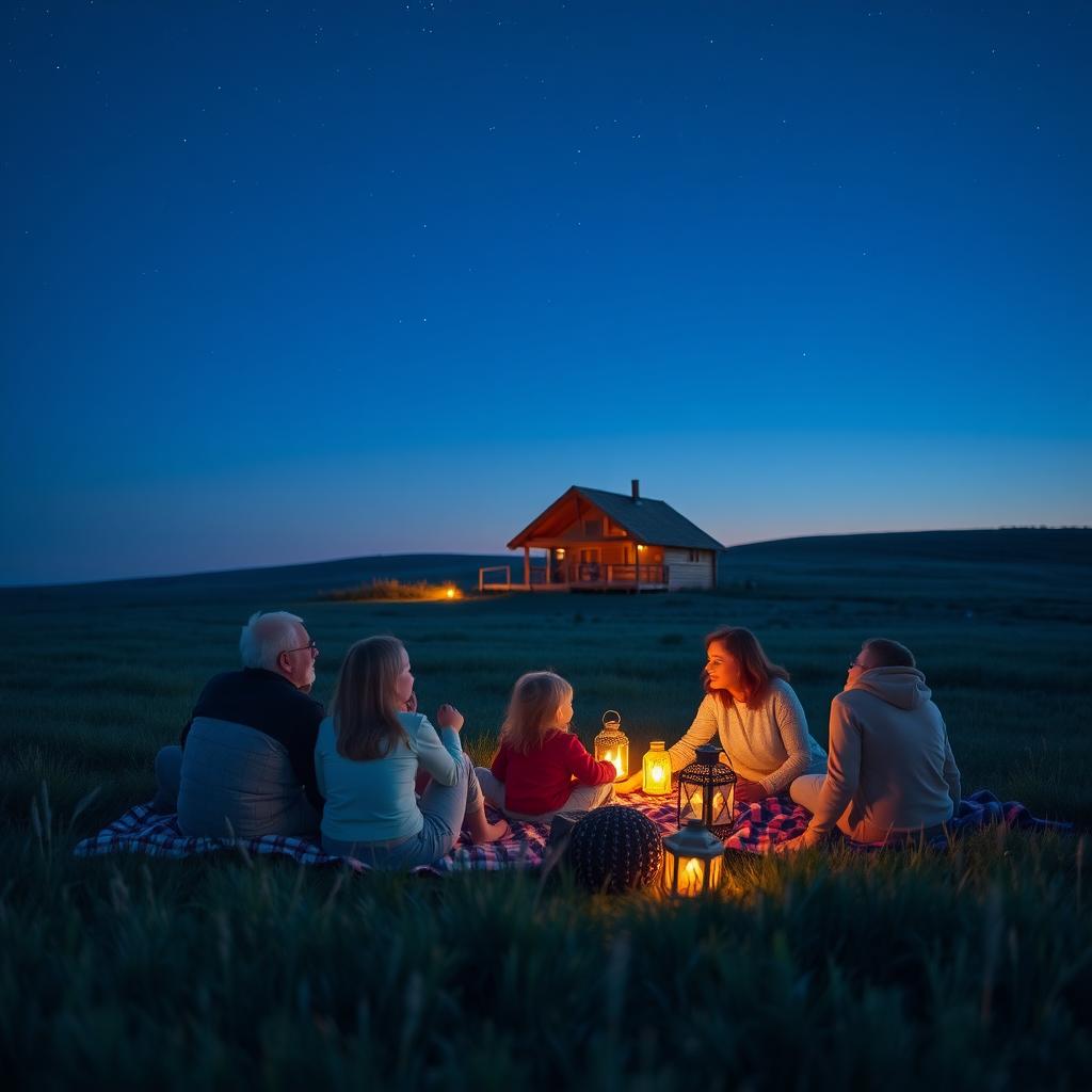 A family of five stargazing on blankets in an open field at dusk, lit by soft lanterns.