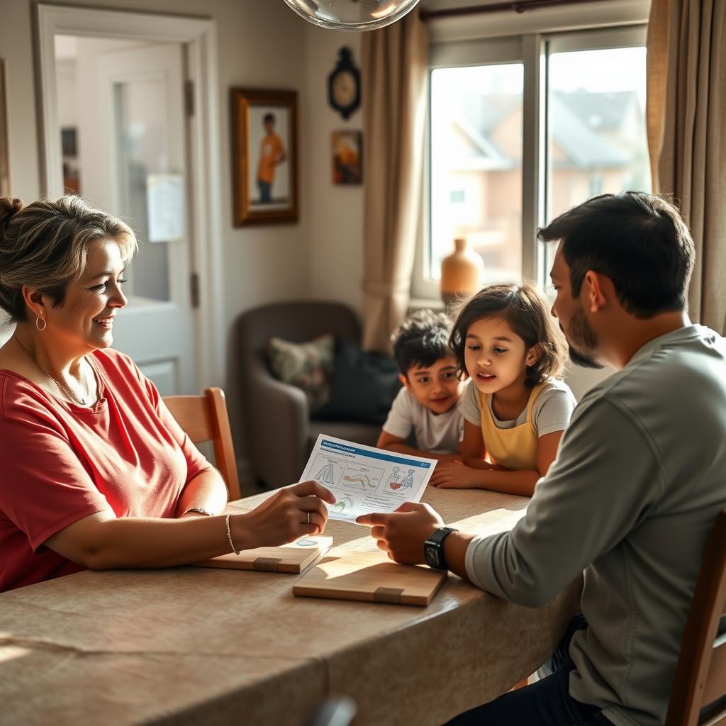 A community health worker discusses health information with a family at their kitchen table.