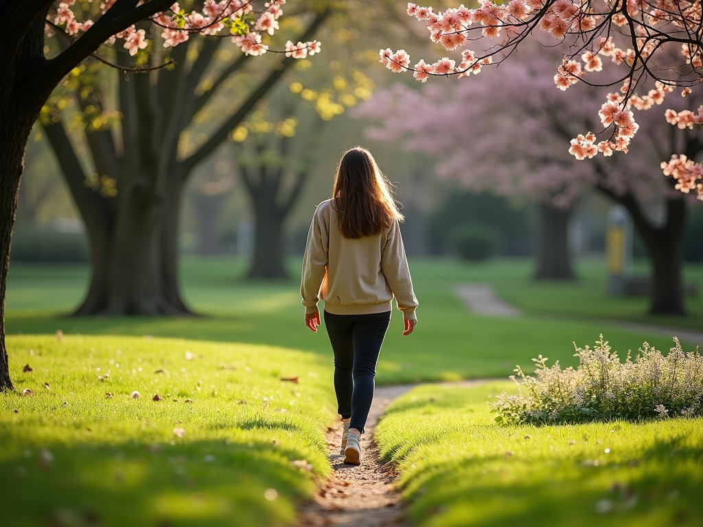 Person practicing mindful walking in a park