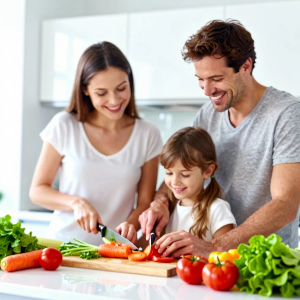 Family cooking healthy meals together in the kitchen