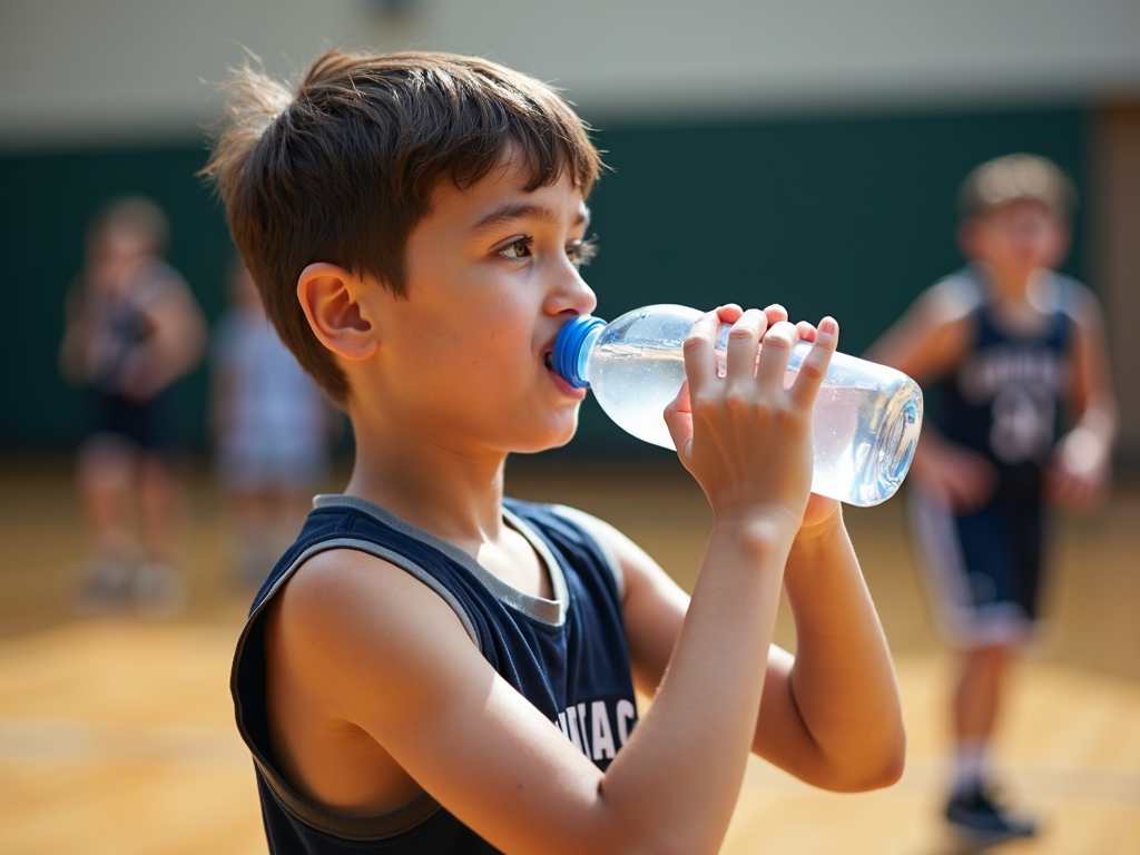 Child drinking water during basketball practice.