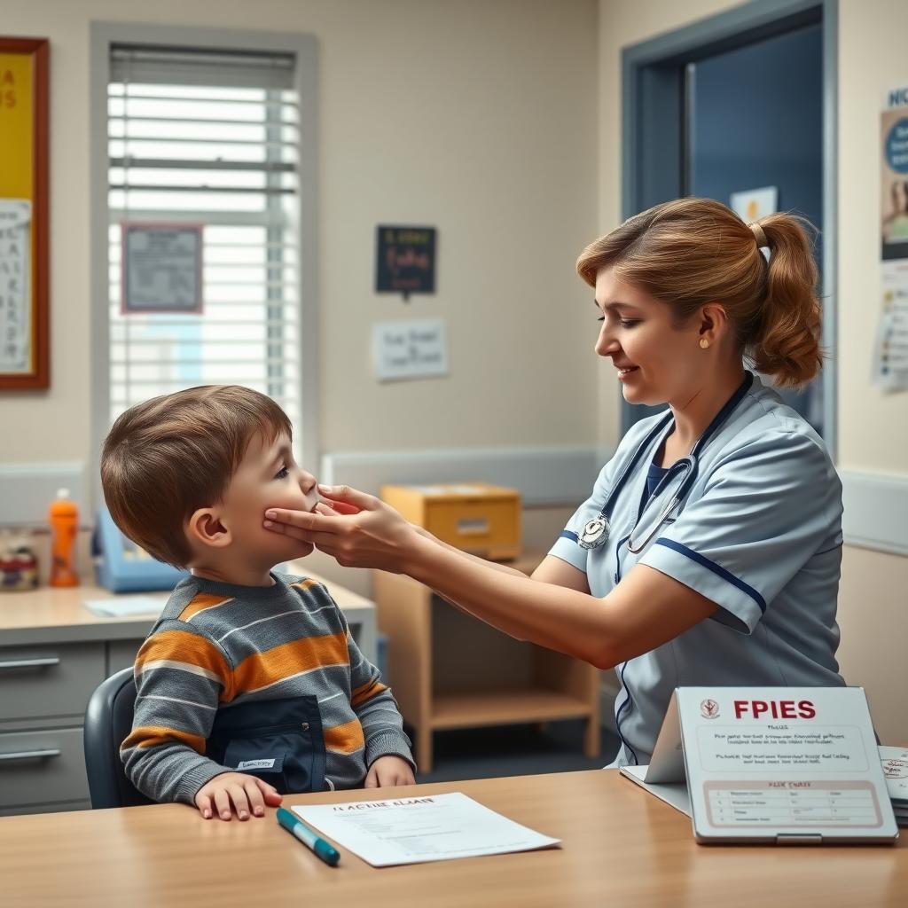 School nurse caring for a child with FPIES in a well-lit nurse’s office