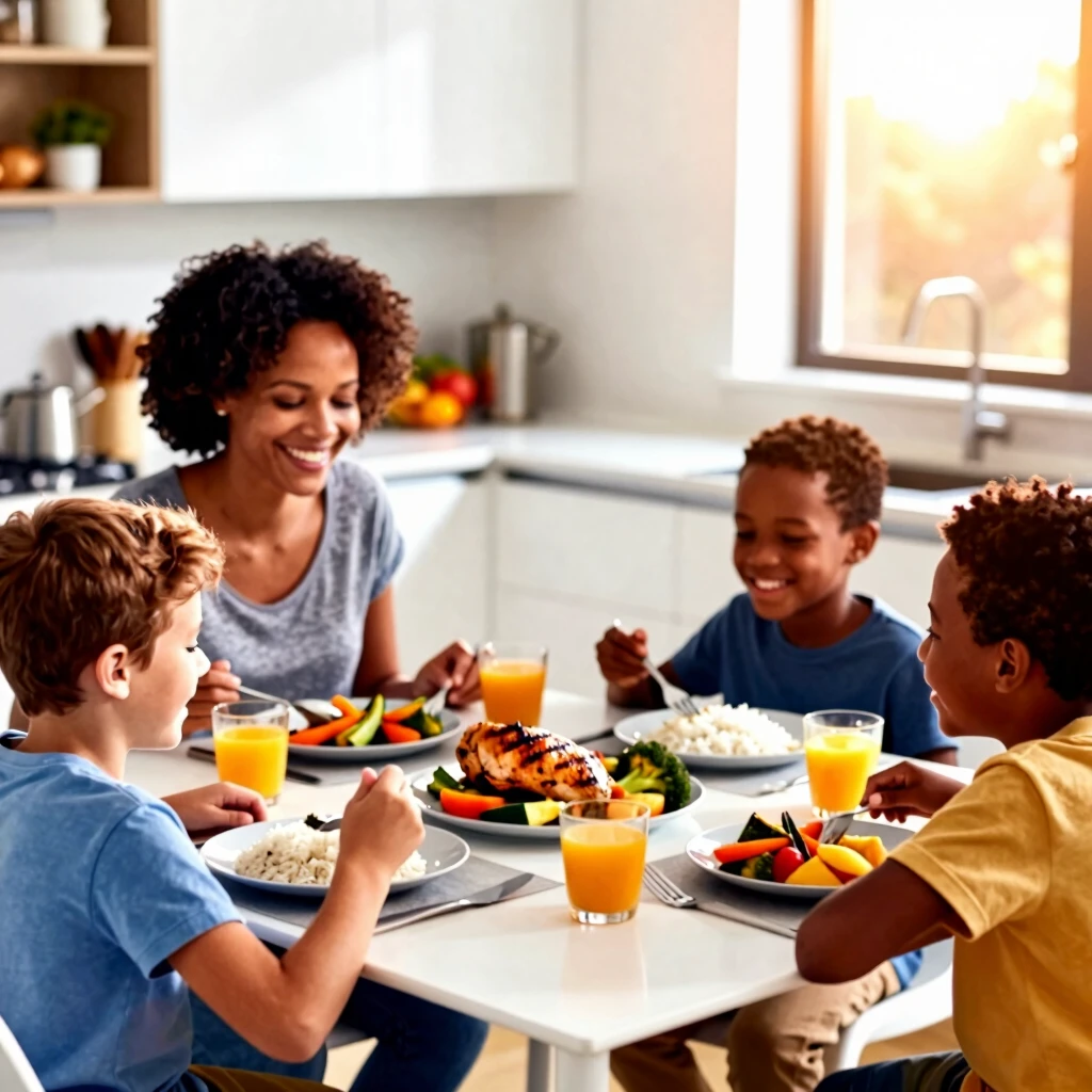 Happy family enjoying a safe, allergen-free dinner together