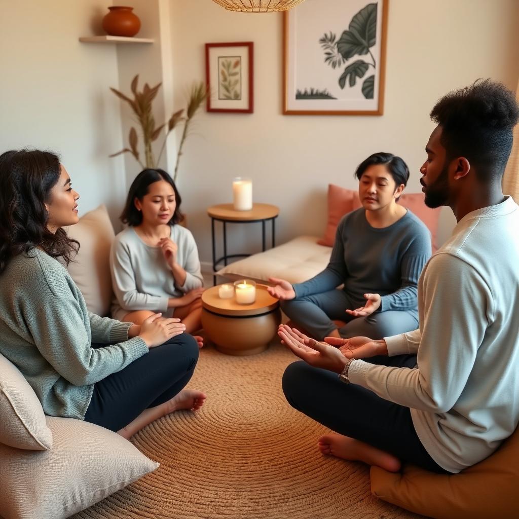 A family practicing mindfulness breathing in a cozy therapy office with cushions and a candle.