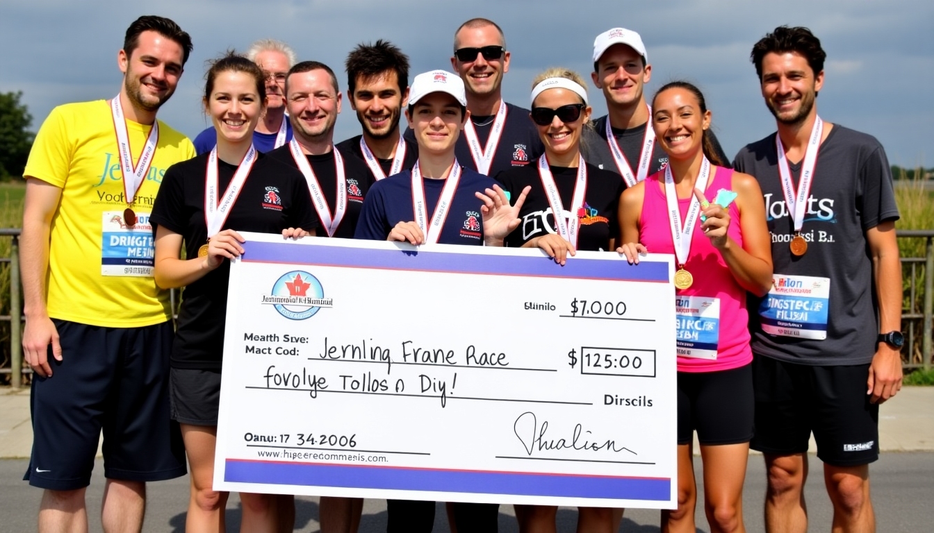 Runners presenting a donation to the cause