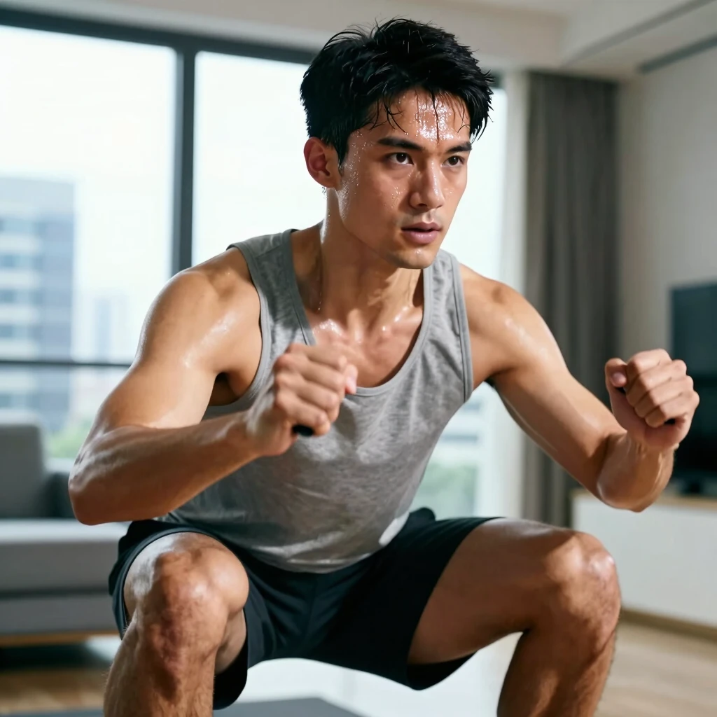 Man doing squat jumping jacks in home workout