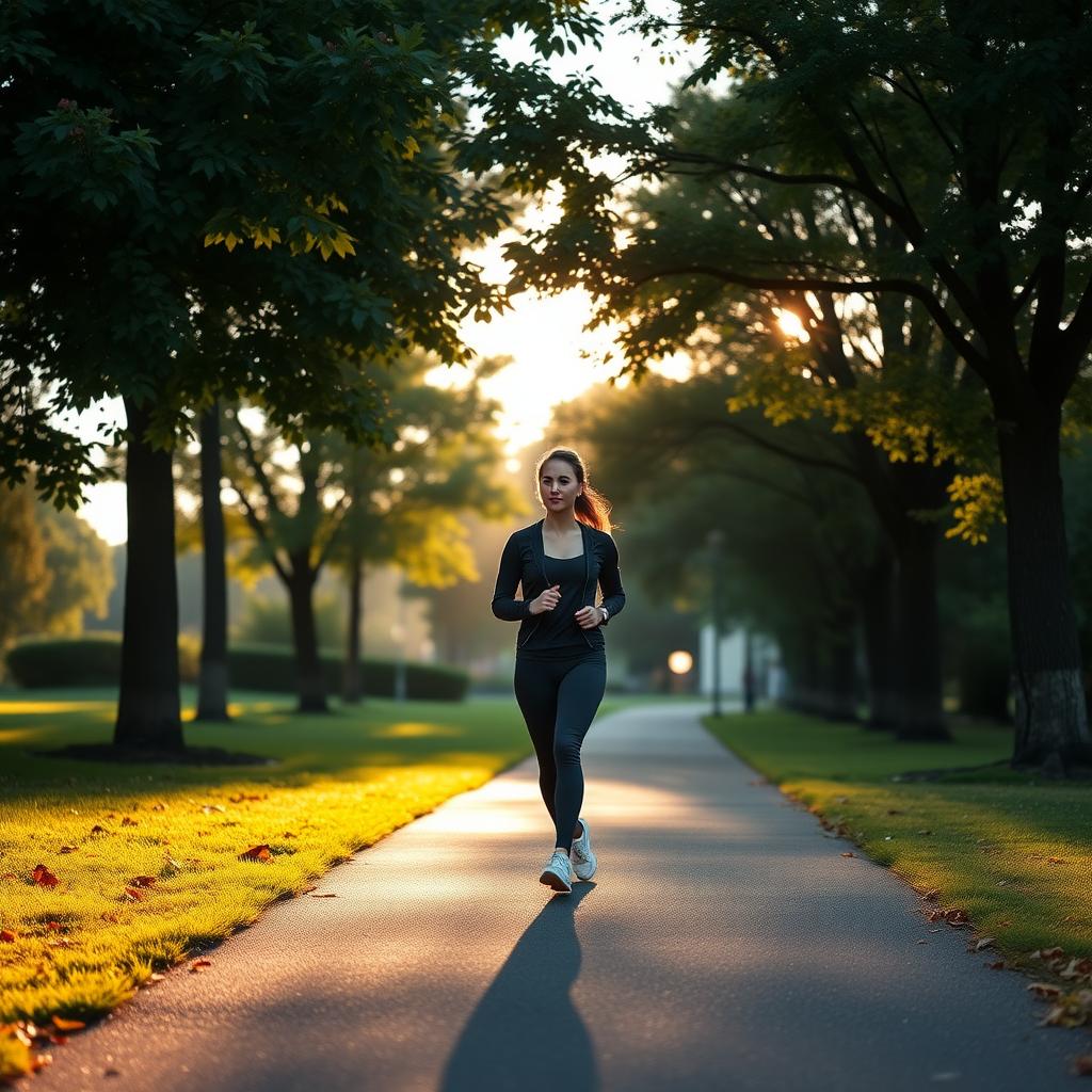 Person walking slowly in a serene park at sunrise, surrounded by green trees and soft morning light.