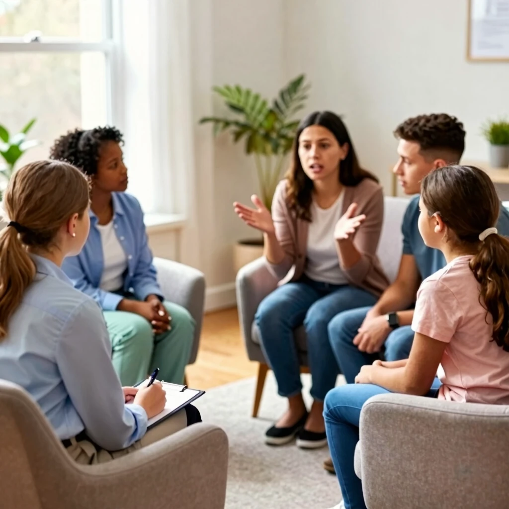 A diverse family engaged in a supportive family therapy session