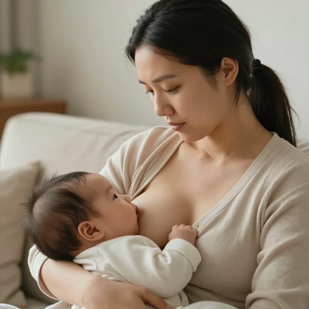 Mother breastfeeding her baby with a concerned but loving expression