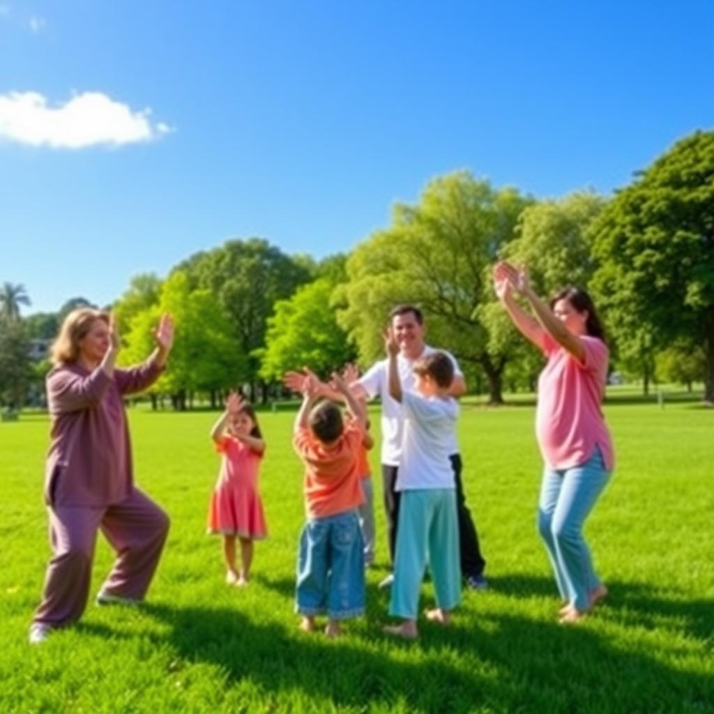 A family of four practicing the Tai Chi pose ‘Wave Hands Like Clouds’ in a vibrant park with a clear blue sky.