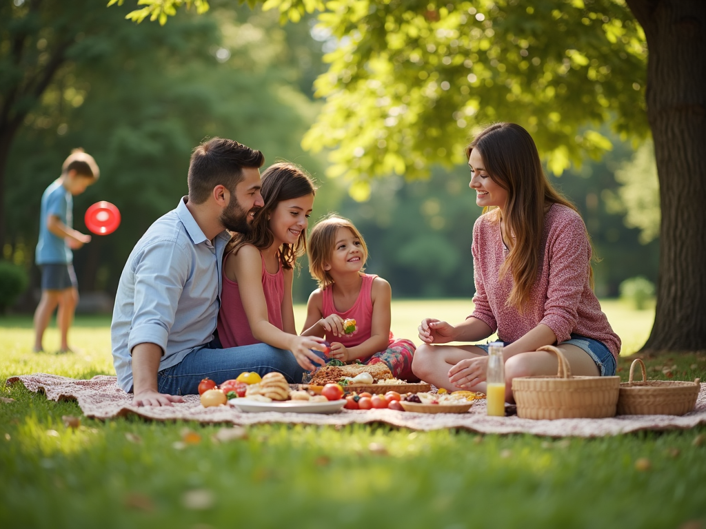 Family enjoying a picnic in the park.