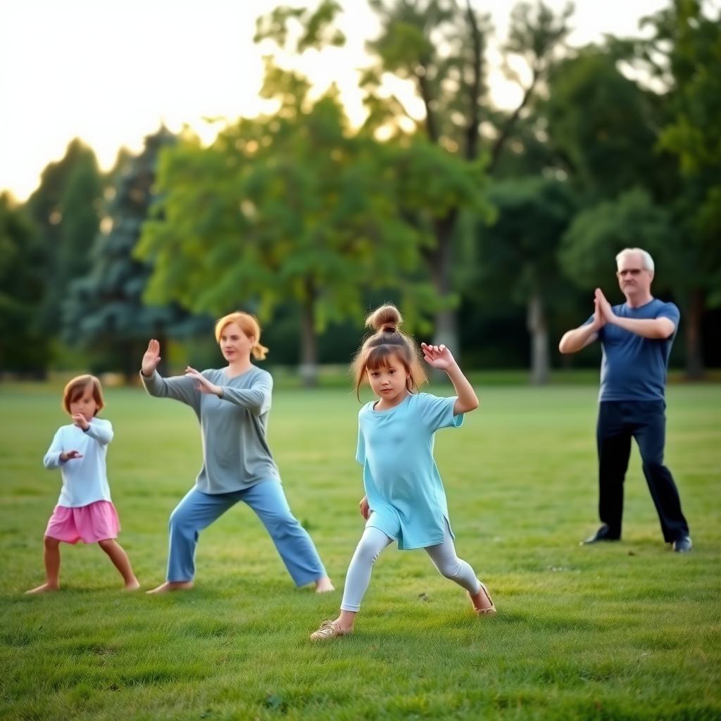 A family of four practices tai chi in a grassy park at sunrise, surrounded by green trees and soft morning light.