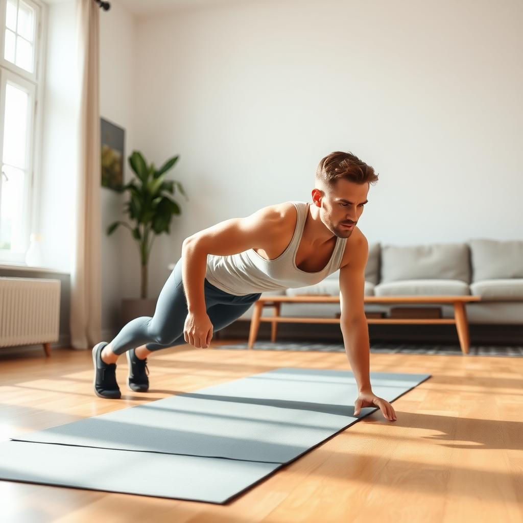 Person doing a push-up on a yoga mat in a bright living room