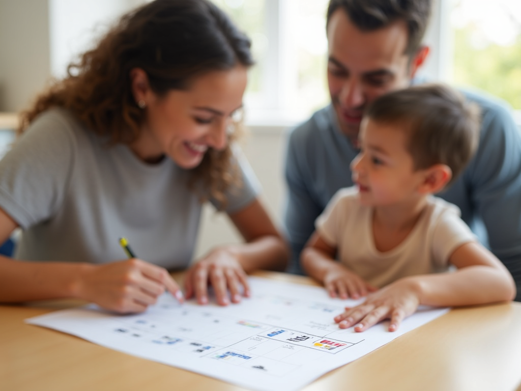 Parent and child creating a routine chart.