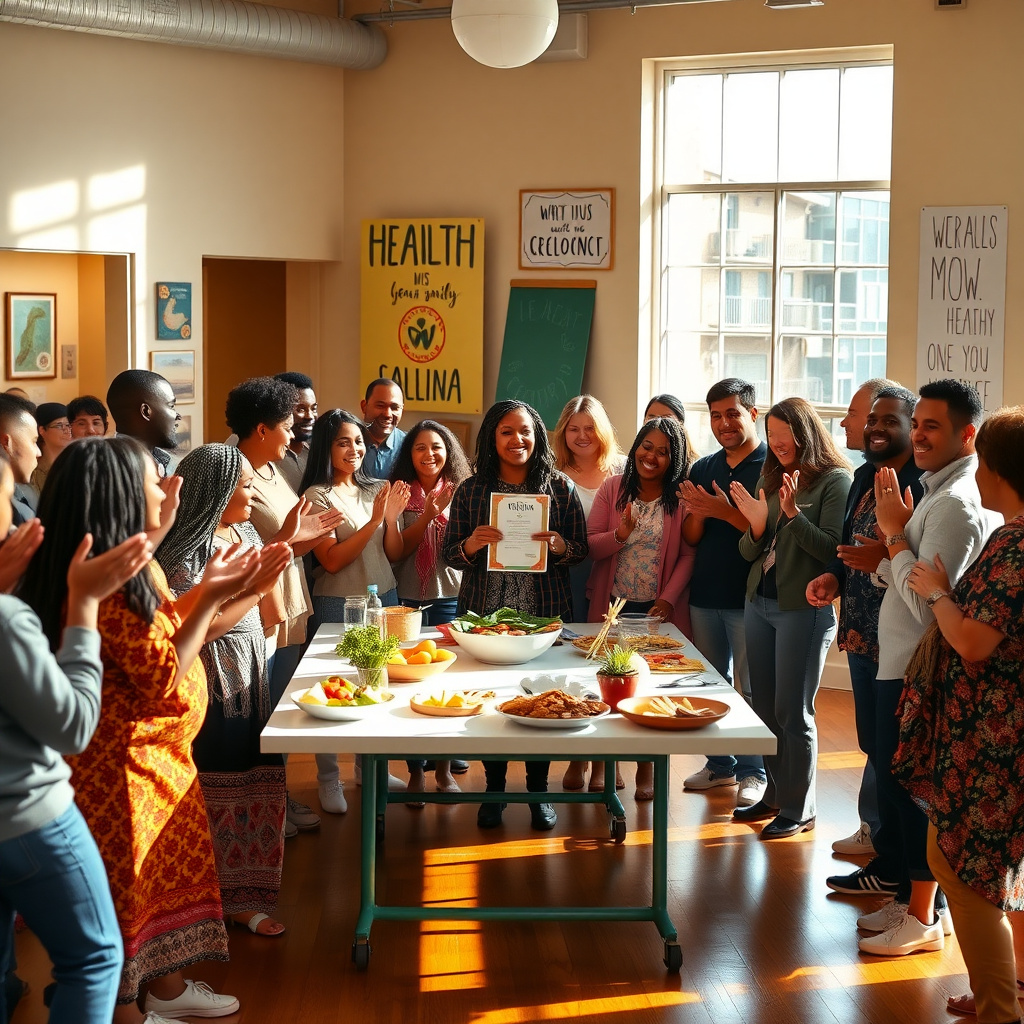 Group celebrating health success with a Community Health Worker at a community center event