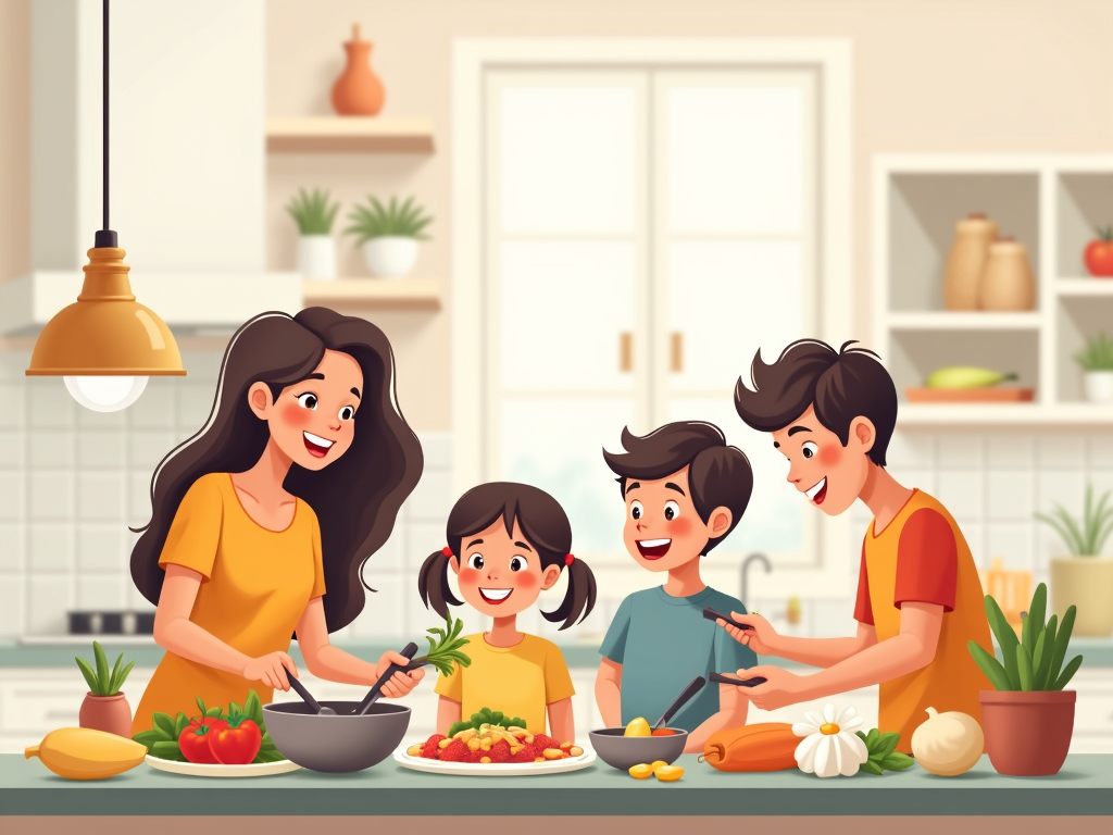 A family preparing a nutritious dinner together.