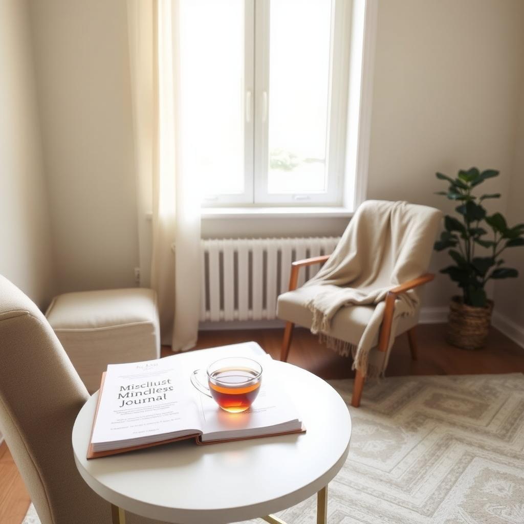 A cozy therapy room with a chair, mindfulness journal, and potted plant, bathed in soft natural light.