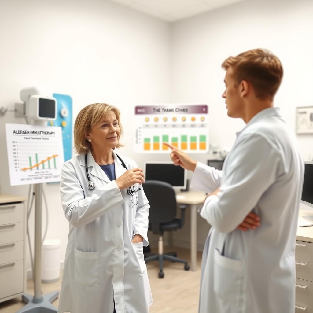 Doctor in a white coat discussing allergen immunotherapy timeline with a patient in a modern medical office