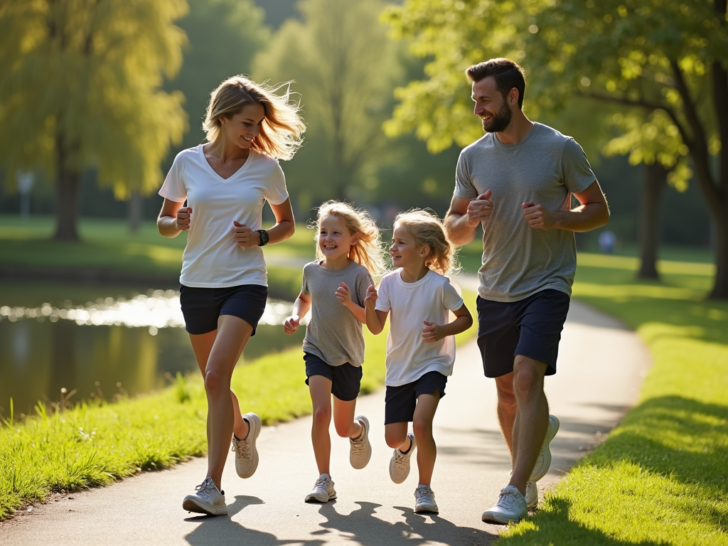 Family jogging together in a park