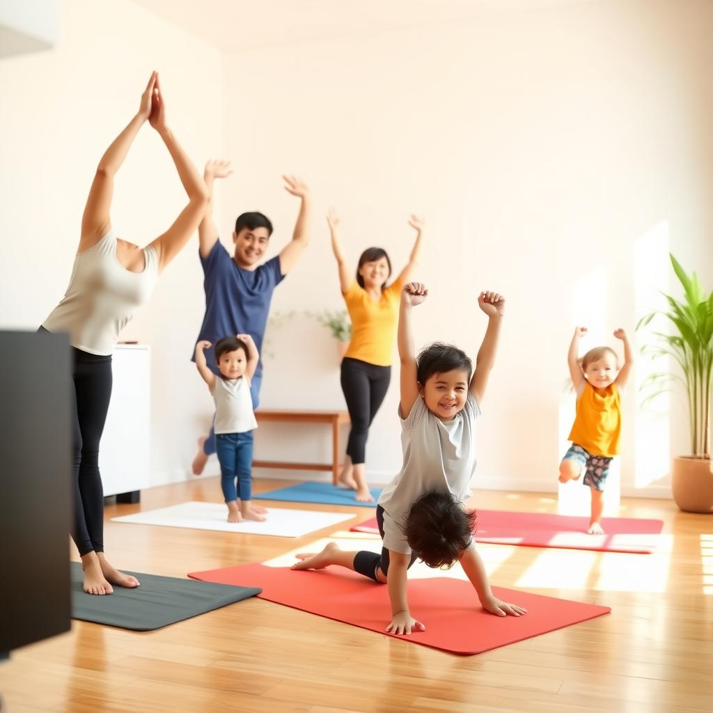 A family practices yoga together in a small apartment, performing poses like downward dog on a yoga mat with a potted plant nearby.