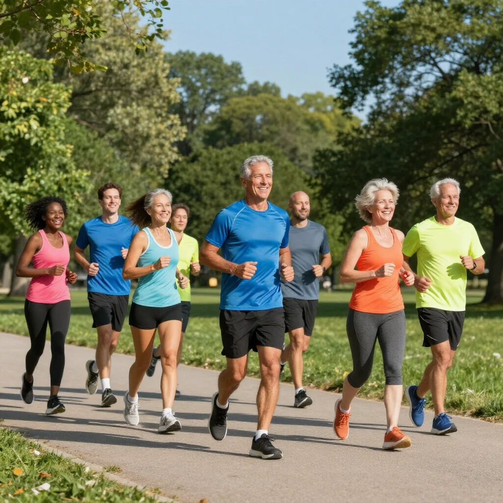 Diverse group of runners enjoying a group jog in a sunny park