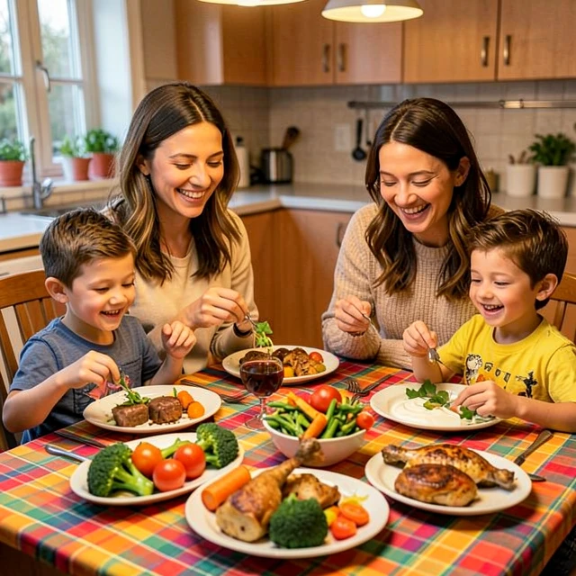 Happy family enjoying a varied meal together to overcome picky eating