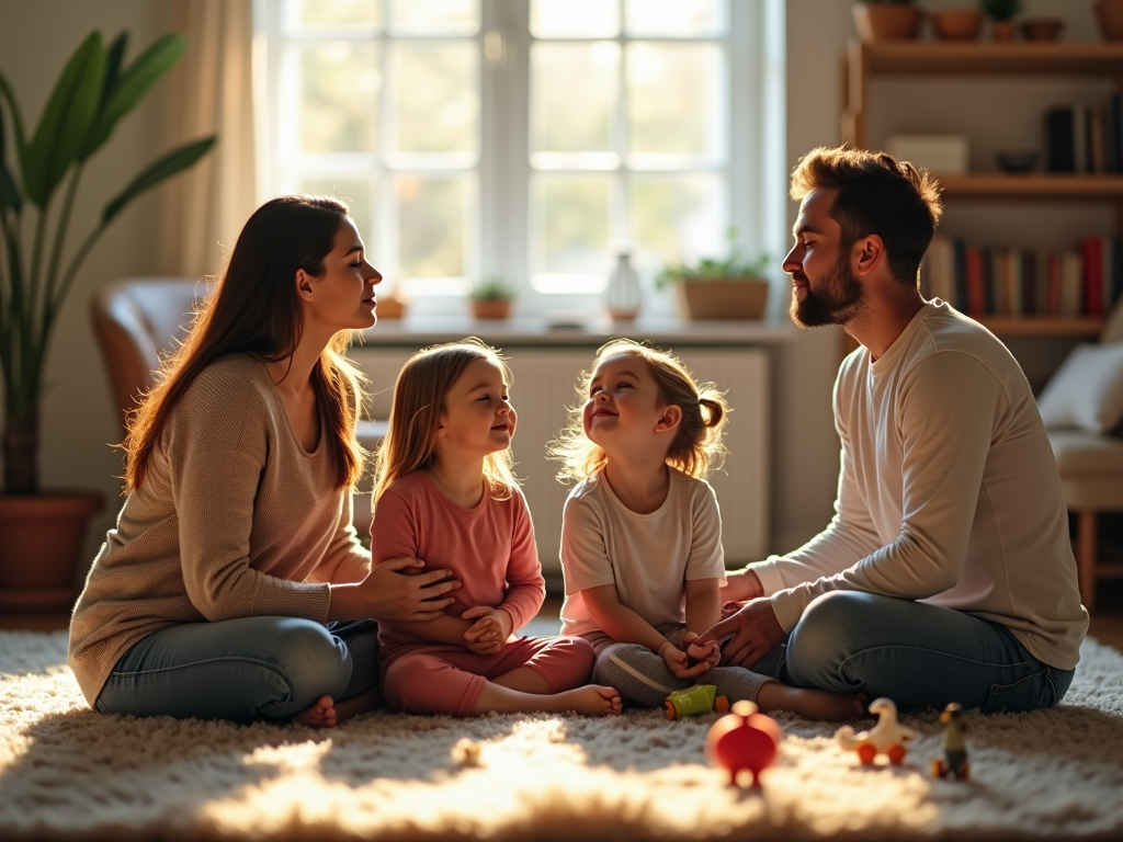 A family meditating together in a cozy living room