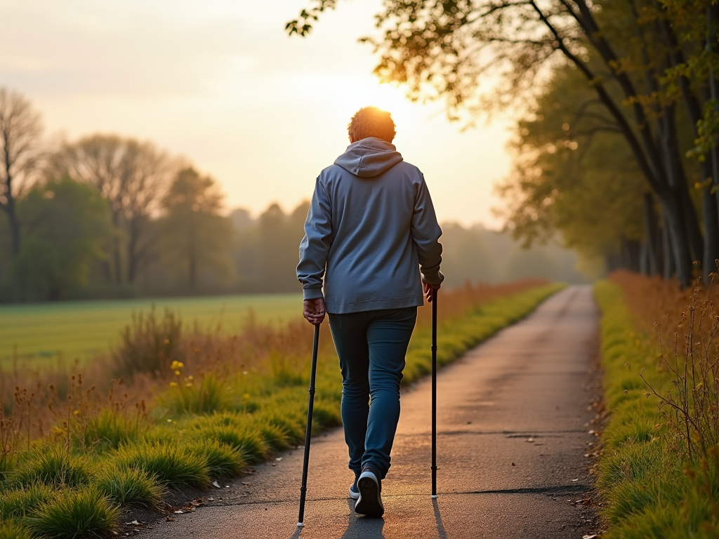 A person with chronic fatigue walking mindfully outdoors.