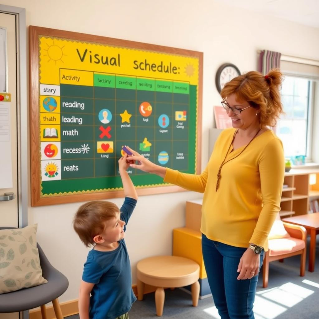 A child with autism points at a colorful visual schedule in a bright classroom, guided by a supportive teacher.