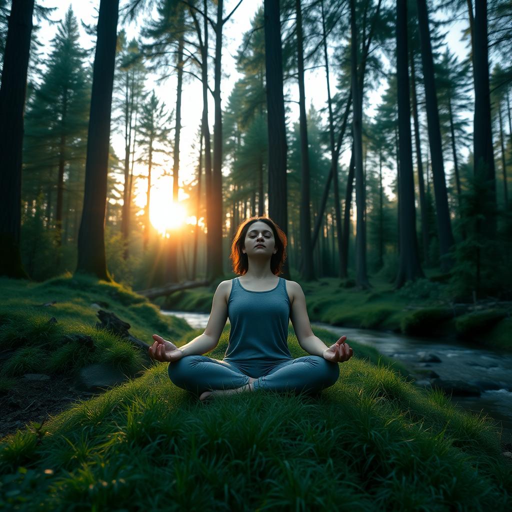 Person practicing deep breathing in a peaceful forest clearing at sunrise