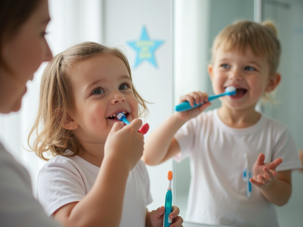 A child brushing teeth while a parent adds a star to a chart.