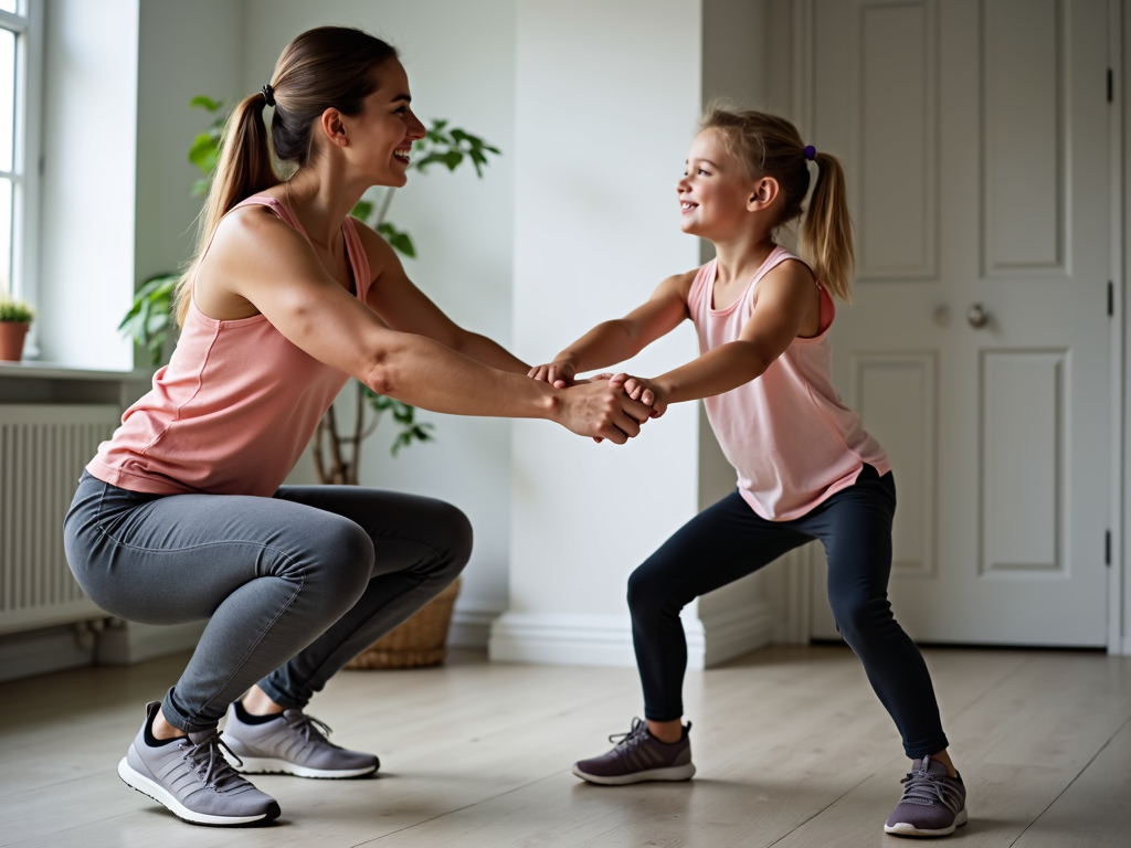Parent and child doing partner squats together