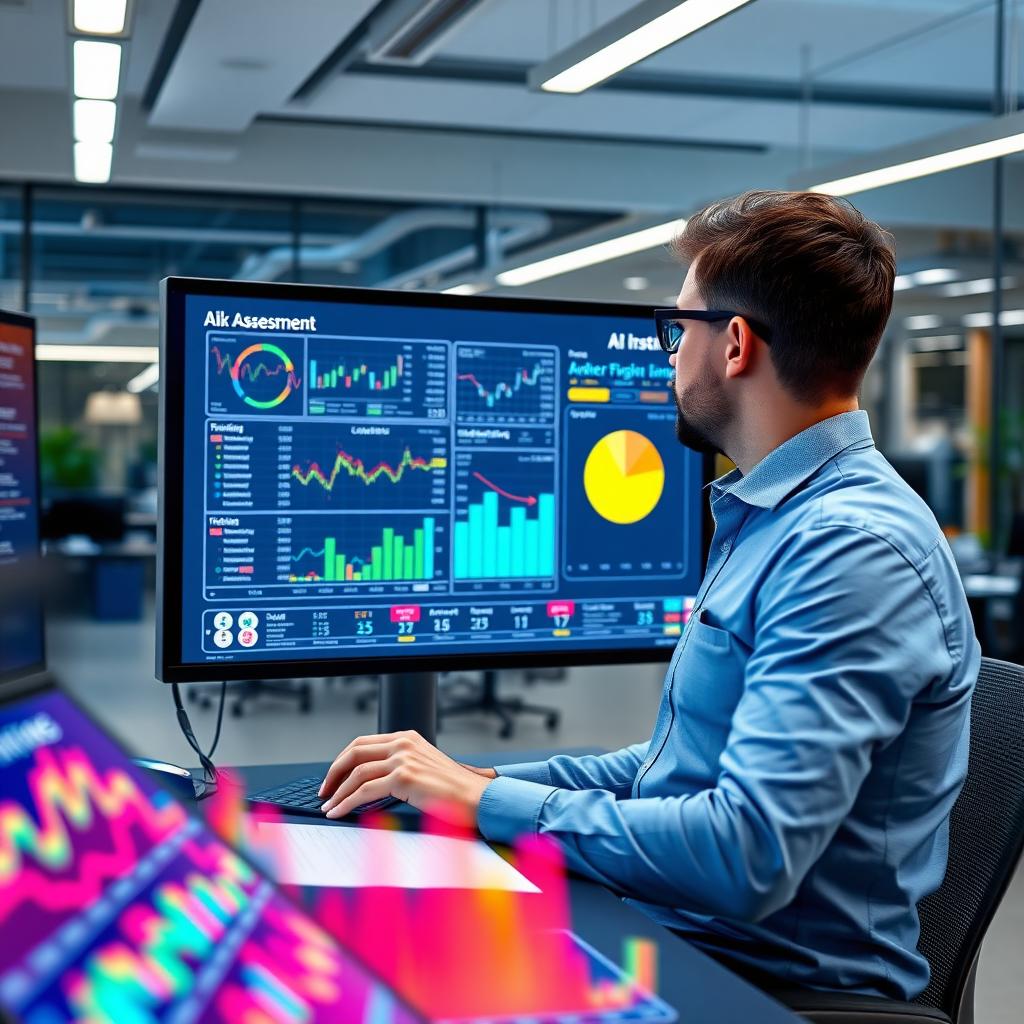 Financial analyst reviewing AI-generated risk charts on a touchscreen in a high-tech office.