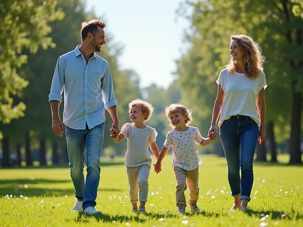 A family enjoying a walk in the park, promoting physical wellness and bonding.