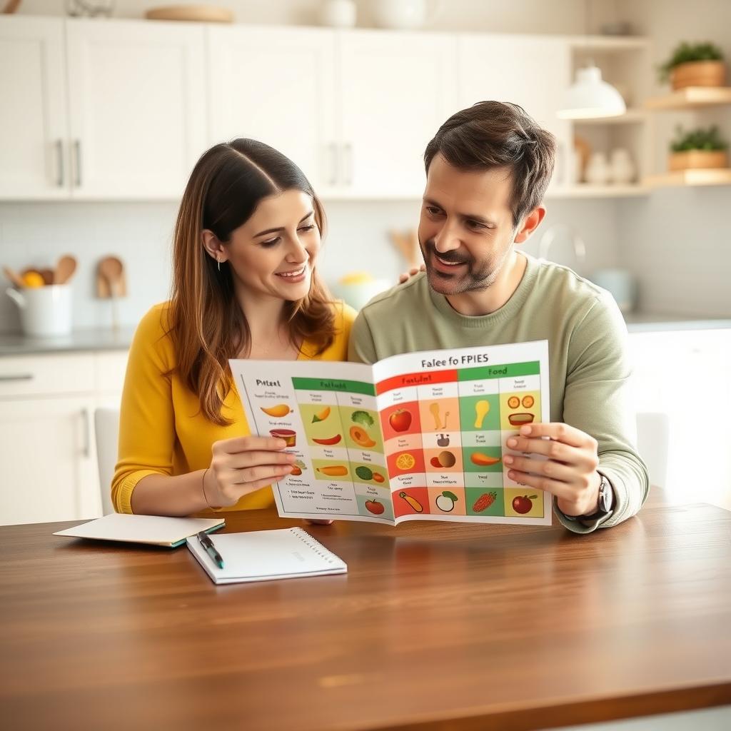 Dietitian and parent reviewing FPIES food chart in a kitchen