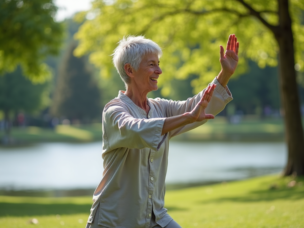 Senior practicing Tai Chi in a peaceful park.