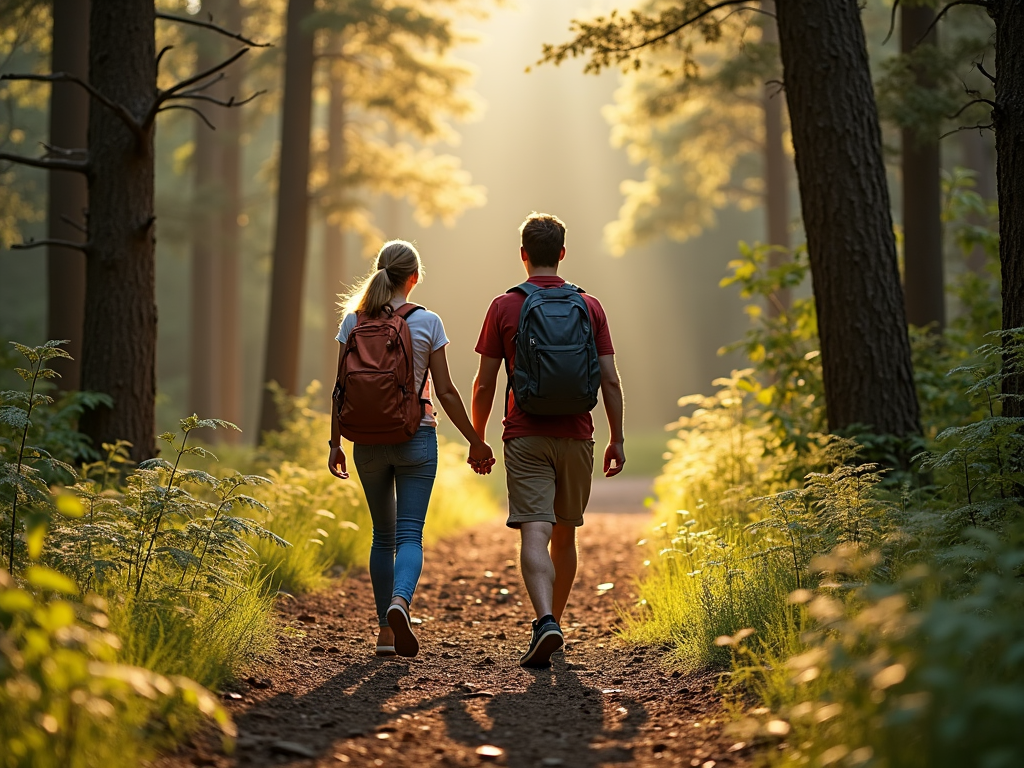 Couple enjoying a hike together in a forest.