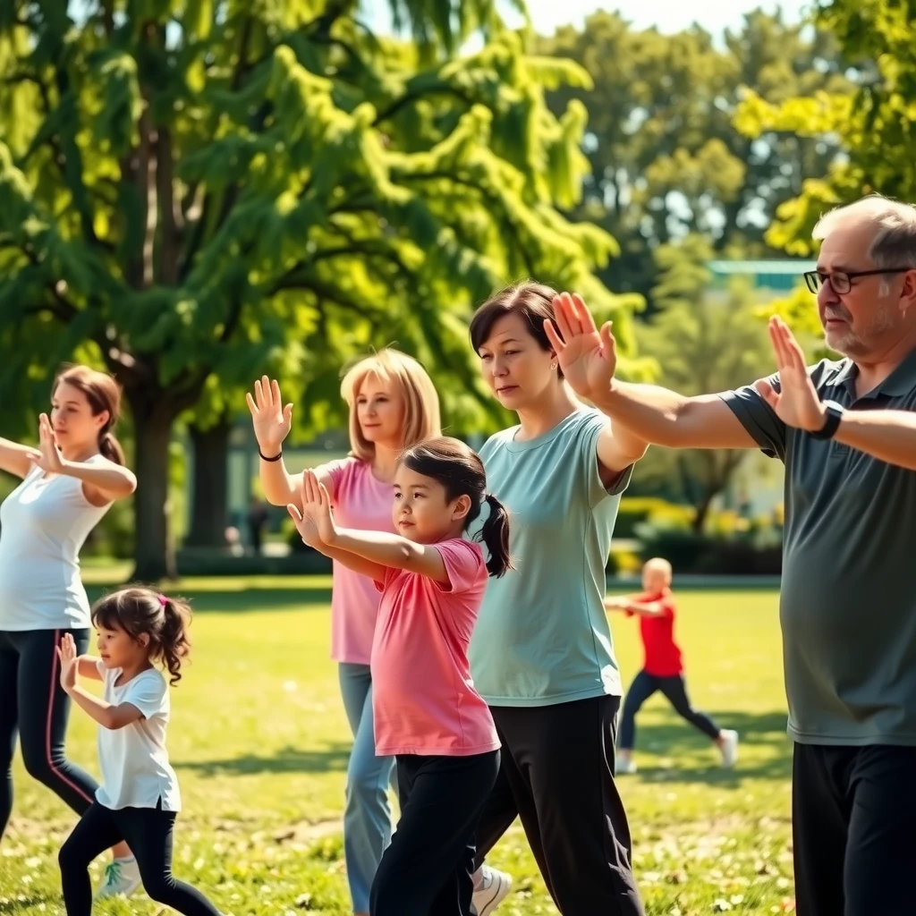 Family practicing Tai Chi in a park