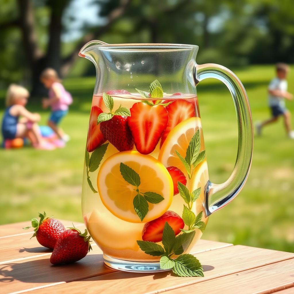 A pitcher of fruit-infused water with strawberries, lemons, and mint on a picnic table with kids playing in the background.