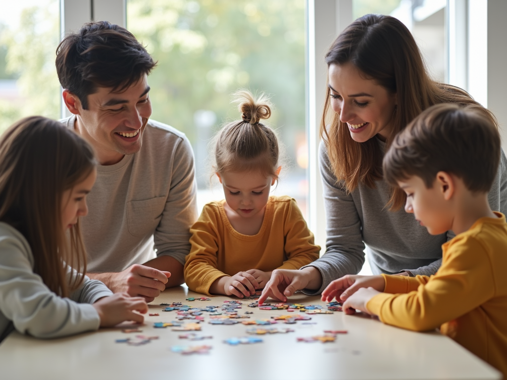 A family collaborating on a project, demonstrating teamwork and cooperation.