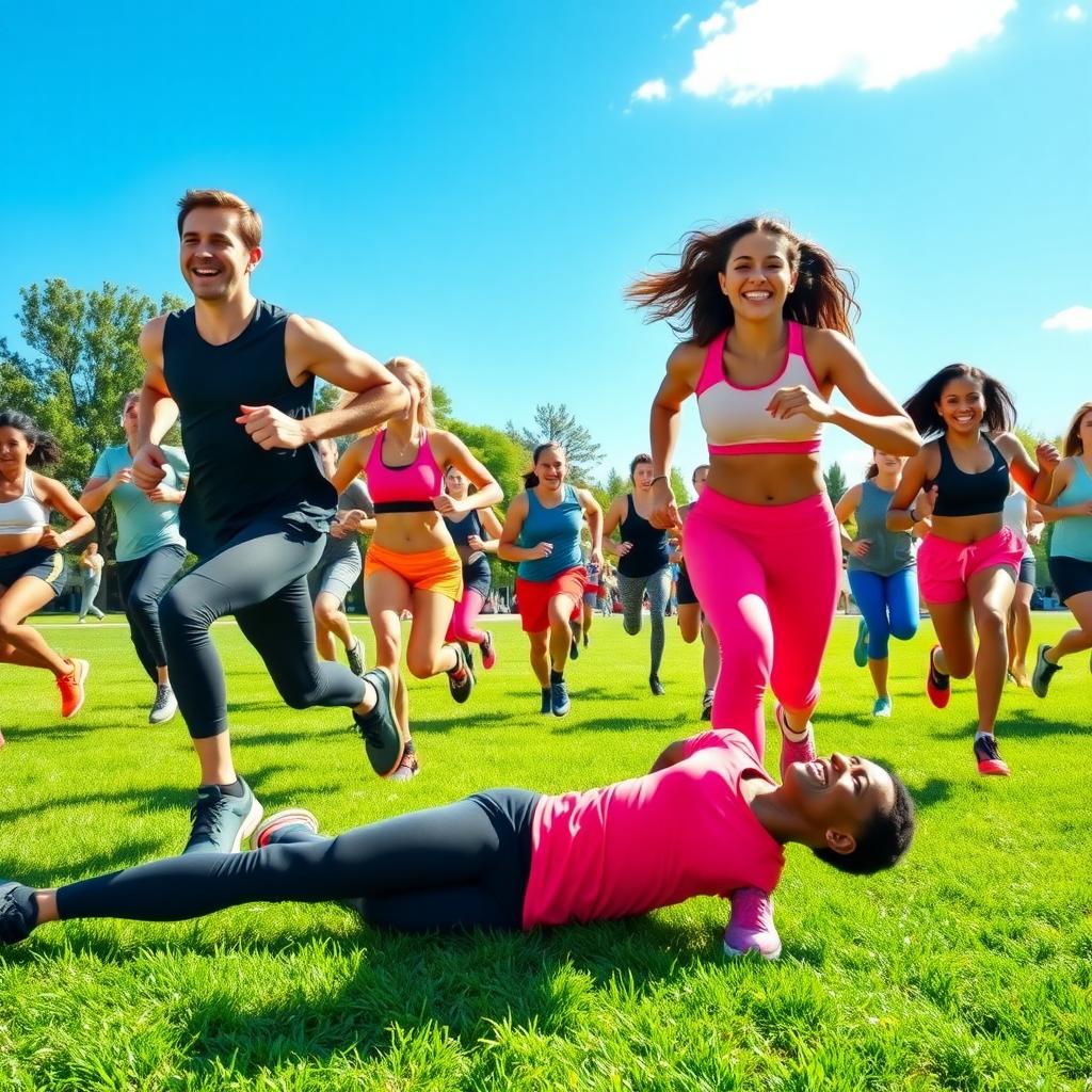 Diverse group performing HIIT exercises in a sunny park