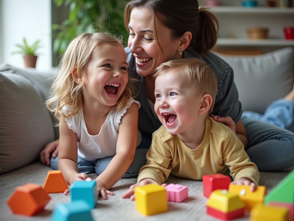 A parent and child bonding over playtime, reducing stress through connection.
