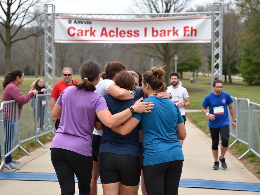 Runners hugging after a 5K race