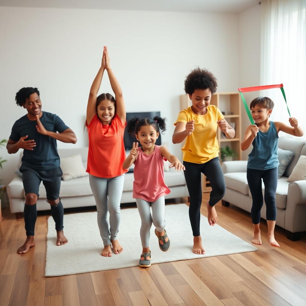A multi-generational family enjoying a personalized fitness challenge together in their home.