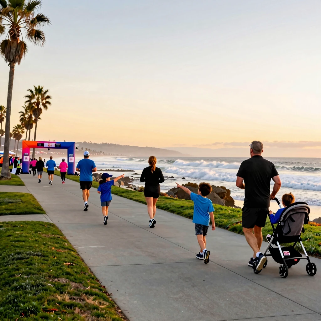 Family group running on a beautiful coastal 5K path