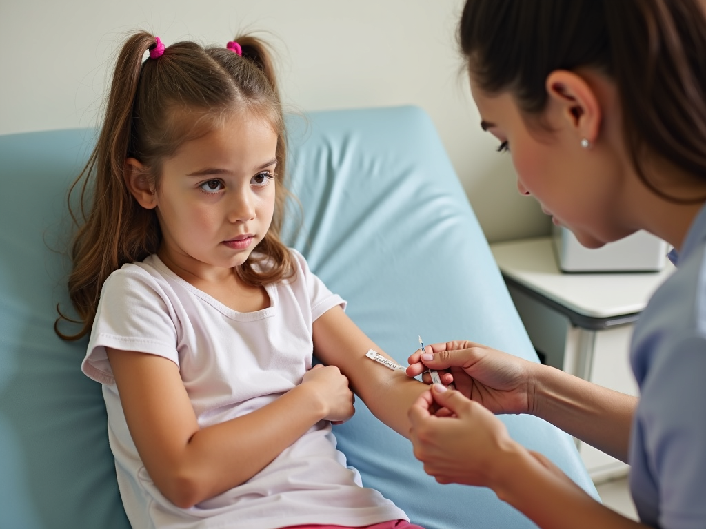 A young girl receiving an immunotherapy shot for her food allergy