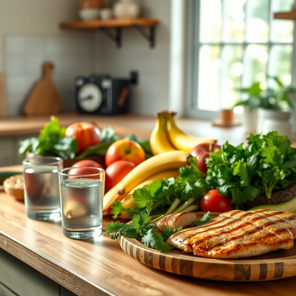 Fresh whole foods including fruits, vegetables, and grilled chicken arranged on a wooden table.