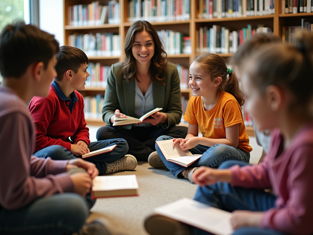 Kids discussing books in a library book club