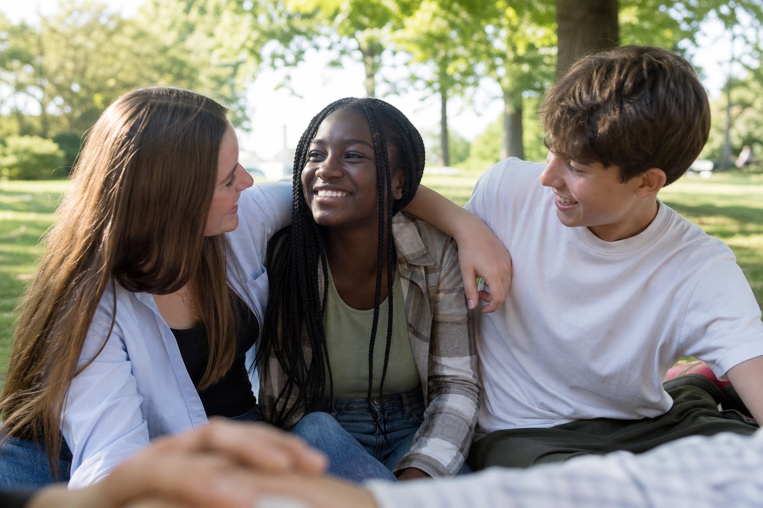 Teenagers enjoying group support and connection in a sunny park