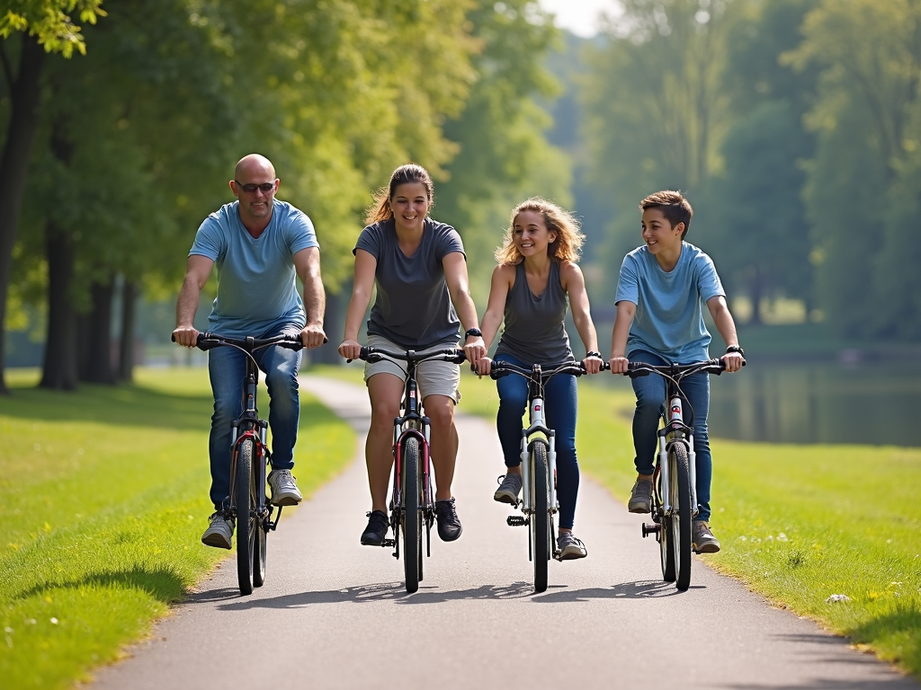 Family enjoying a bike ride in the park.
